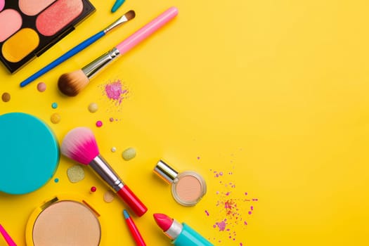 A colorful array of makeup products on a yellow background