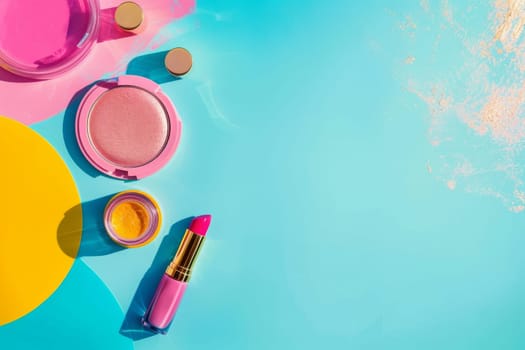 A colorful makeup palette with a pink lipstick and a pink eye shadow. The palette is on a blue background