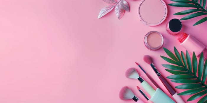 A pink background with makeup and brushes on it. The makeup is colorful and the brushes are of different sizes