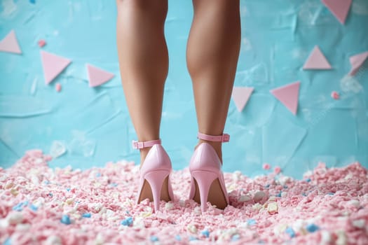 long female legs on a colorful background with high heels. AI generative.