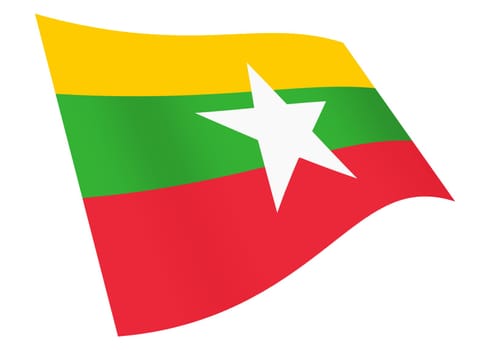 A Myanmar waving flag graphic isolated on white with clipping path 3d illustration yellow green red stripe white star