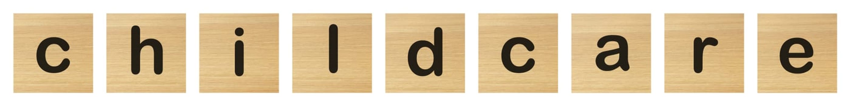 Childcare word with wood blocks on white