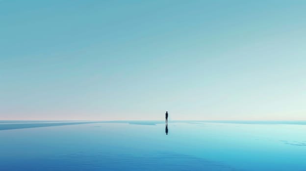 A person stands alone on a body of water, with the sky above them. The scene is serene and peaceful, with the person's silhouette standing out against the calm blue water