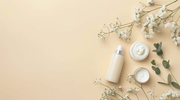 A bottle of lotion sits on a table next to a bottle of cream and a jar of cream. The table is covered with flowers, giving the scene a fresh and natural feel
