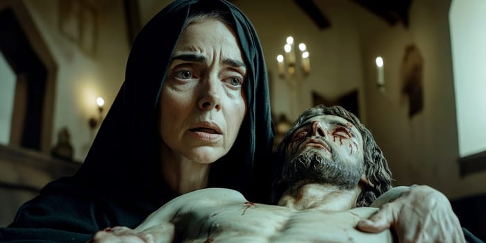 Mother of God with the dying Jesus in her arms. AI generative.