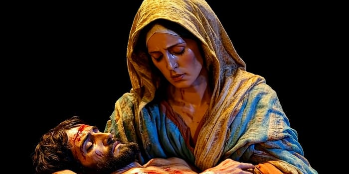 Mother of God with the dying Jesus in her arms. AI generative.