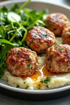 fried meatballs served with creamy mashed potatoes and a fresh green salad. AI generative.