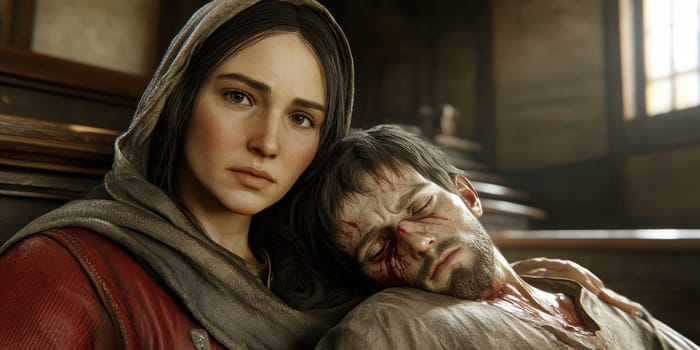 Mother of God with the dying Jesus in her arms. AI generative.
