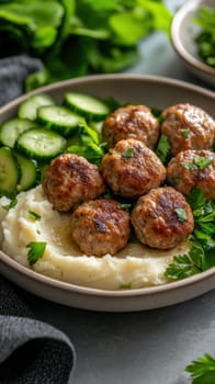fried meatballs served with creamy mashed potatoes and a fresh green salad. AI generative.
