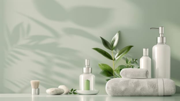 A white bottle of lotion sits on a shelf next to a green plant. The bottle is surrounded by other bottles and a towel. Concept of relaxation and self-care, as the lotion