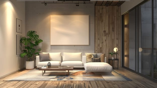 A living room with a white couch, a coffee table, and a potted plant. The room is empty and has a modern, minimalist design