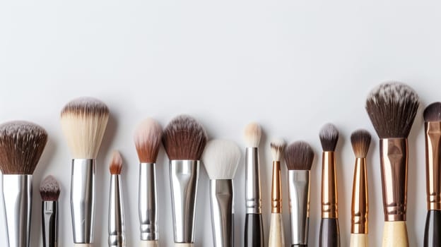 Clean copy space featuring a variety of makeup brushes and tools.
