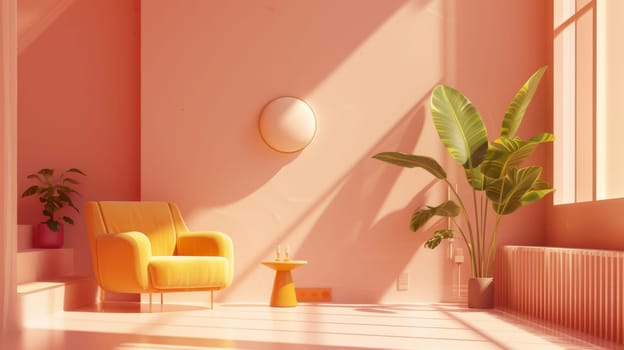 A bright and colorful room with a yellow chair and a potted plant. The room has a modern and vibrant feel to it