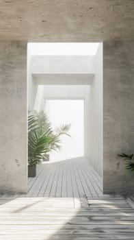 A long hallway with a white wall and a plant in the middle. The plant is a palm tree and it is the only one in the room