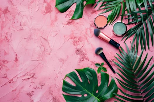 Copy space composition showcasing trendy makeup items.