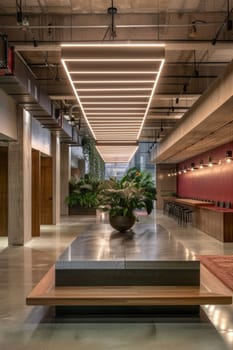 A long hallway with a large potted plant in the middle. The plant is surrounded by several other potted plants, creating a lush and inviting atmosphere