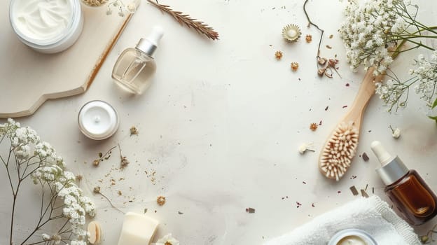 A table with various beauty products and a wooden brush. The table is set up in a way that it looks like a spa or a beauty salon