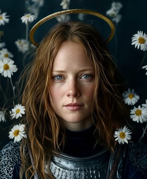 Joan of Arc, set against a dark background adorned with subtle flowers.  AI generative.