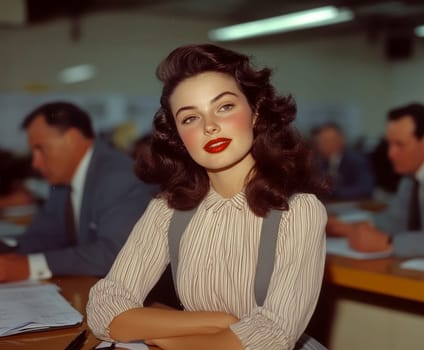 a vintage woman with black hair posing in front of a desk in an office,. AI generative.