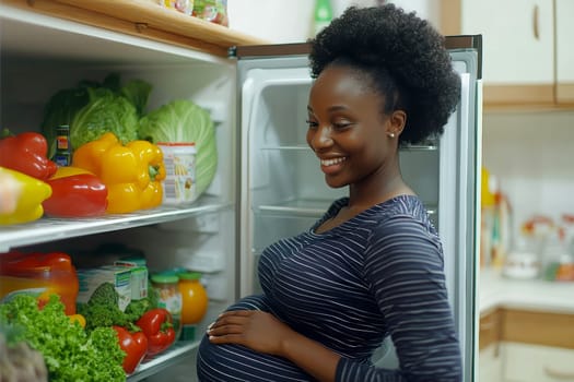 A pregnant woman is opening the refrigerator. AI generative.