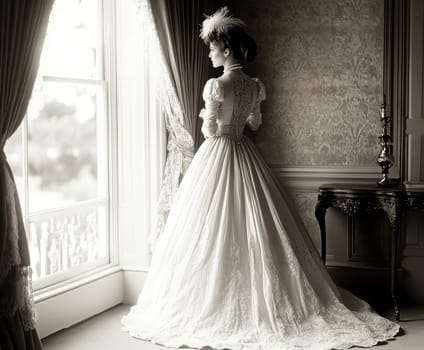 elegant woman from the Victorian era standing in a richly decorated parlor. AI generative.