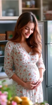 A pregnant woman is opening the refrigerator. AI generative.