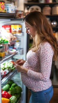 A pregnant woman is opening the refrigerator. AI generative.