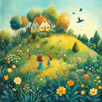 Little girls playing in the garden,in the sky birds and in the distance you can see the house.AI generative.