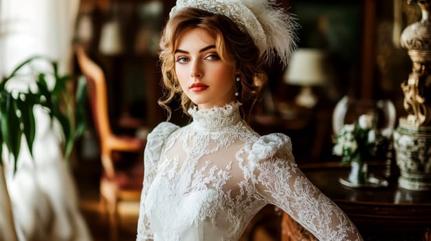 elegant woman from the Victorian era standing in a richly decorated parlor. AI generative.