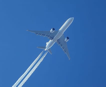 Condensation trails of a flying jet. AI generative.
