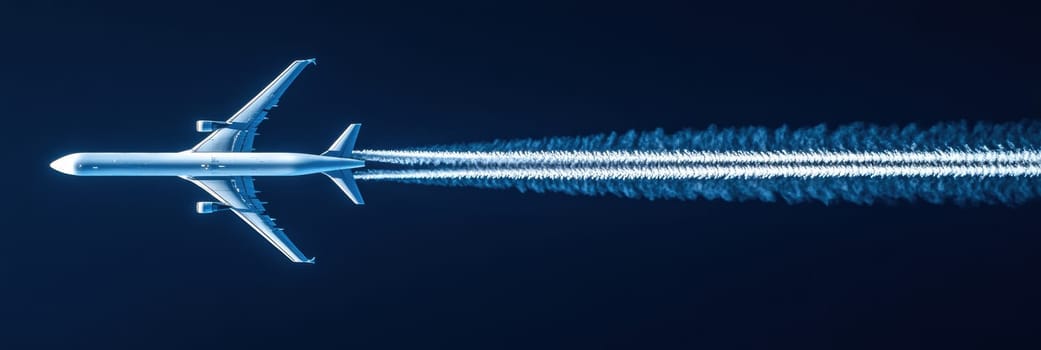 Condensation trails of a flying jet. AI generative.
