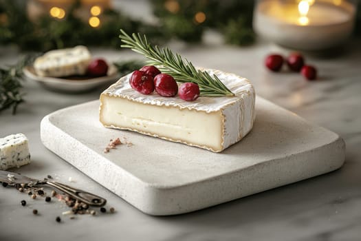 Creamy,  brie cheese with a soft rind on a cheese board. AI generative.