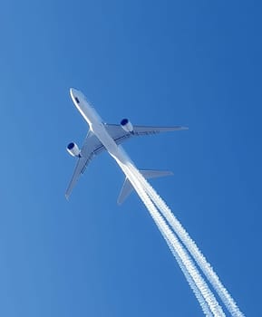 Condensation trails of a flying jet. AI generative.