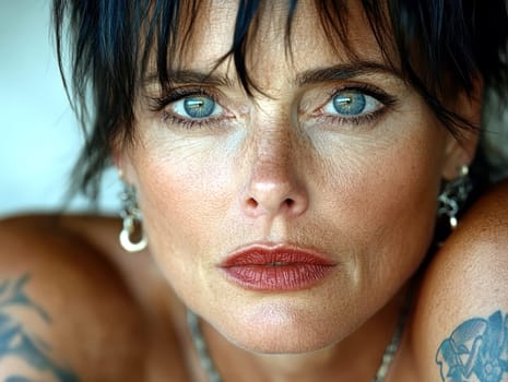 Close-up portrait of a middle-aged woman with black hair, blue eyes and dark red lipstick earrings and necklace. She has tattoos on her arms. AI generative.