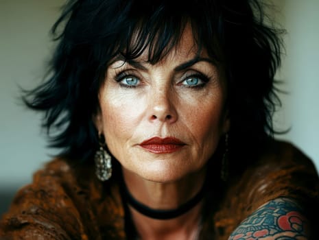Close-up portrait of a middle-aged woman with black hair, blue eyes and dark red lipstick earrings and necklace. She has tattoos on her arms. AI generative.