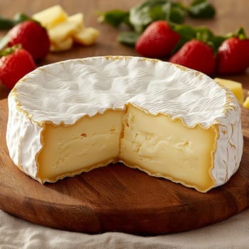 Creamy,  brie cheese with a soft rind on a cheese board. AI generative.