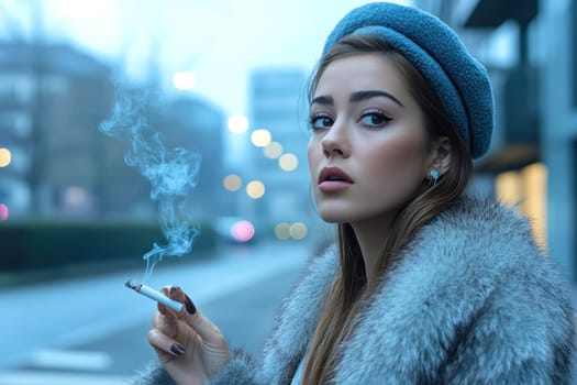 Woman dressed in 80s style smoking a cigarette on the street. AI generative.