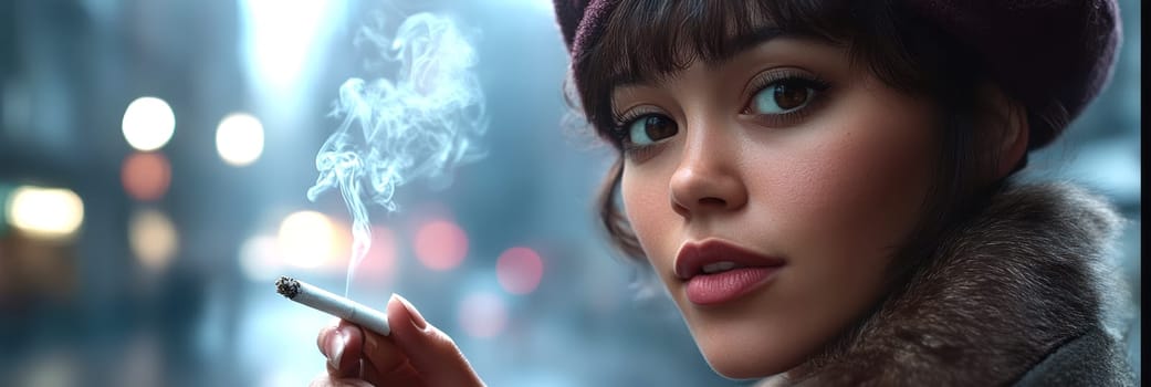 Woman dressed in 80s style smoking a cigarette on the street. AI generative.