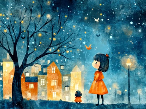 Little girls playing in the garden,in the sky birds and in the distance you can see the house.AI generative.