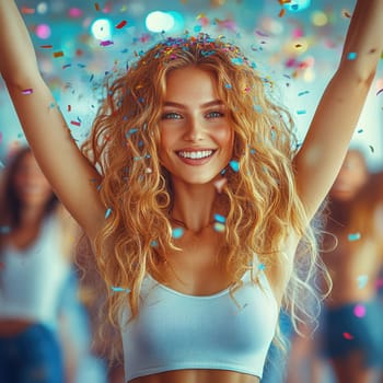oung woman, celebrating with her arms raised high in the air, surrounded by colorful confetti.  AI generative.