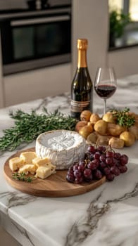Creamy,  brie cheese with a soft rind on a cheese board. AI generative.