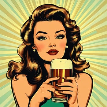 A woman styled in the 1950s holding a glass of beer. Vintage poster. AI generative.