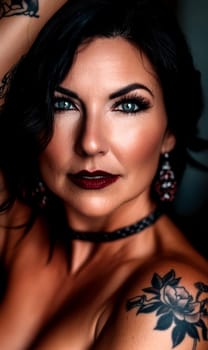 Close-up portrait of a middle-aged woman with black hair, blue eyes and dark red lipstick earrings and necklace. She has tattoos on her arms. AI generative.