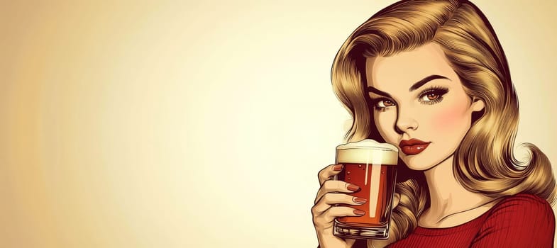 A woman styled in the 1950s holding a glass of beer. Vintage poster. AI generative.