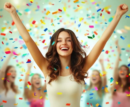 oung woman, celebrating with her arms raised high in the air, surrounded by colorful confetti.  AI generative.