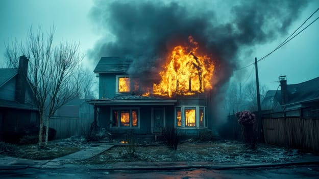 Burning house standing alone , backyard at night. AI generative.