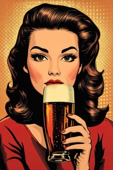 A woman styled in the 1950s holding a glass of beer. Vintage poster. AI generative.