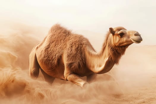 Scared camel in the desert on a sand storm. AI generated