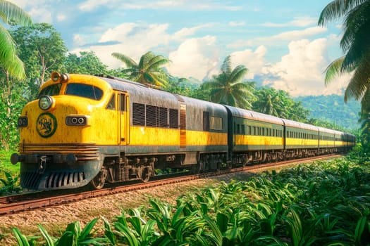 An yellow train going through beautiful lush rainforest. AI generated