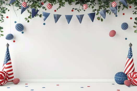 Crisp white backdrop with Patriot Day decorations.